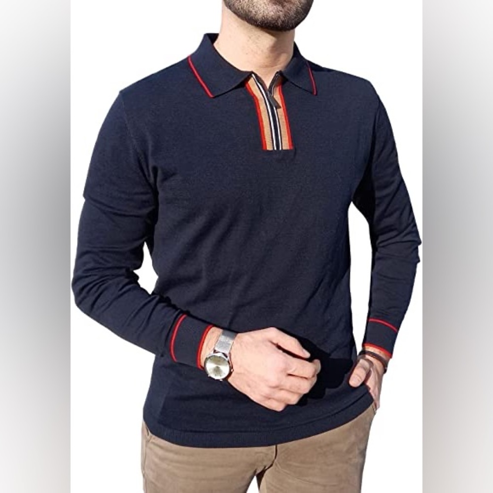 Mens-Polo-Shirts Pure-Cotton-Pullover Long-Sleeve Casual Golf Wear